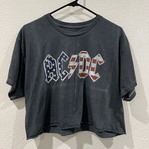 AC/DC 1980’s Tour Cropped Short Sleeve Americana Distressed Grey Shirt Size M/L